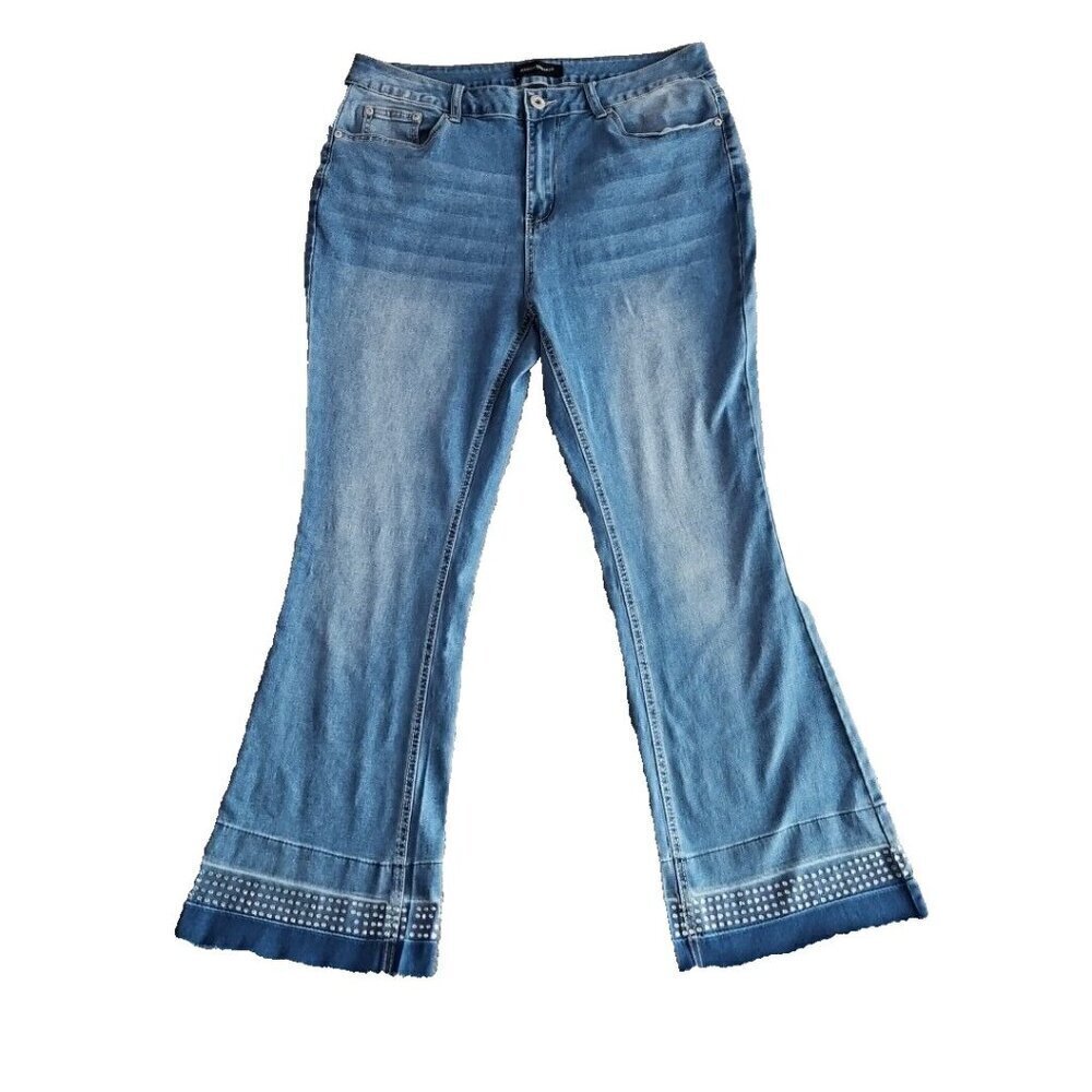 Ashley Stewart Jeans Size 14 Medium Wash Rhinestone Raw Edge Bootcut Leg 147502‎